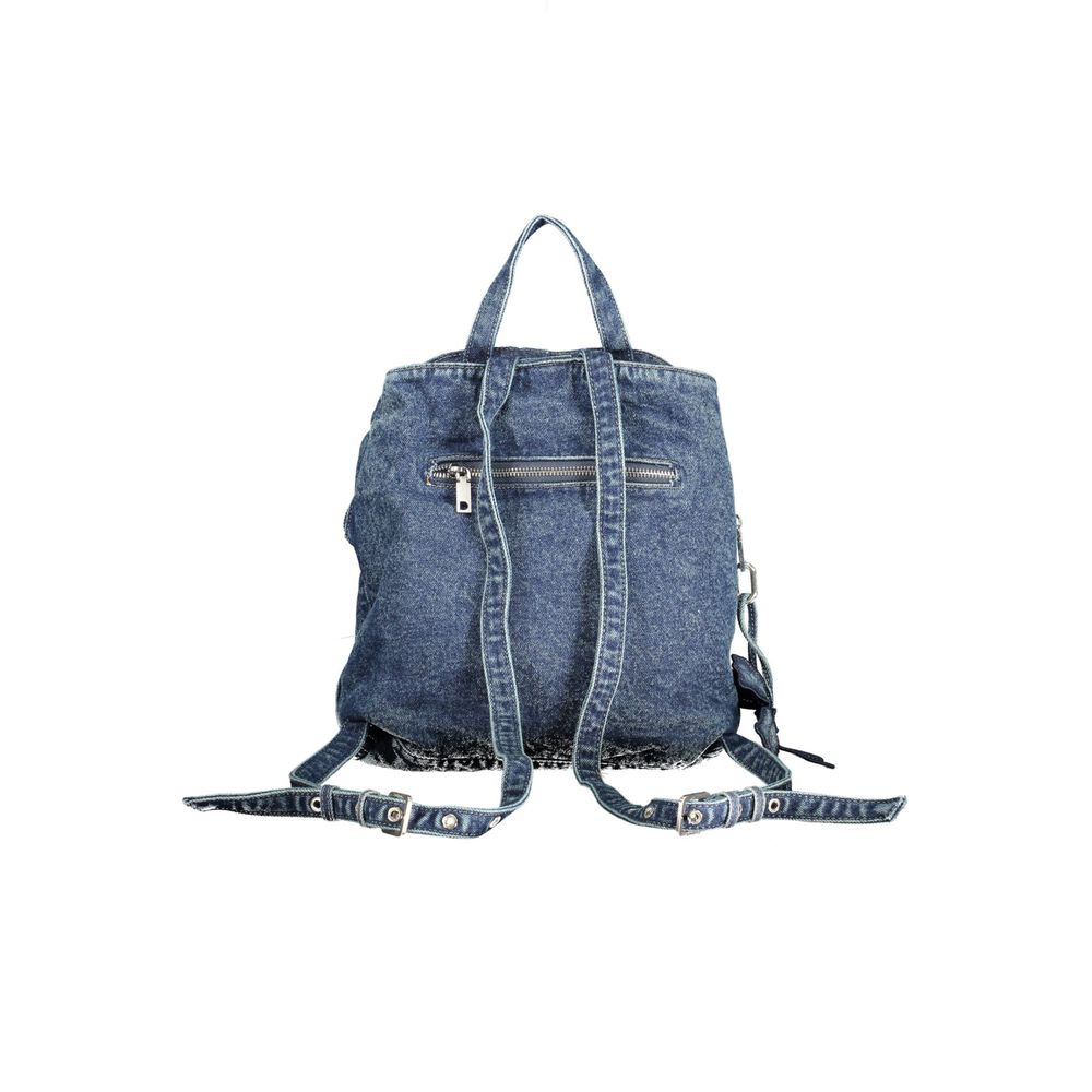 Desigual blue cotton women's backpack with colorful pattern, adjustable straps, and top handle for casual everyday use.