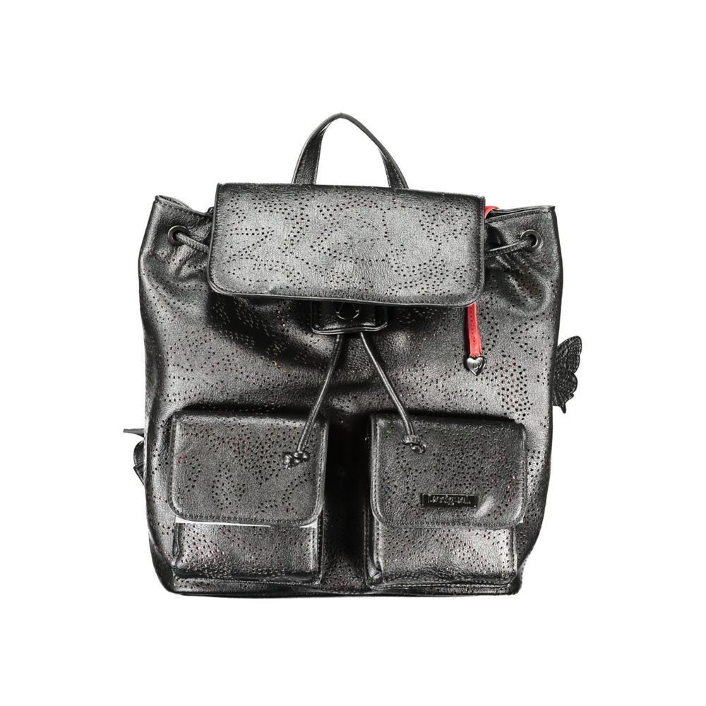 Desigual black polyurethane women's mini backpack with adjustable straps and top handle, featuring a stylish, compact design.