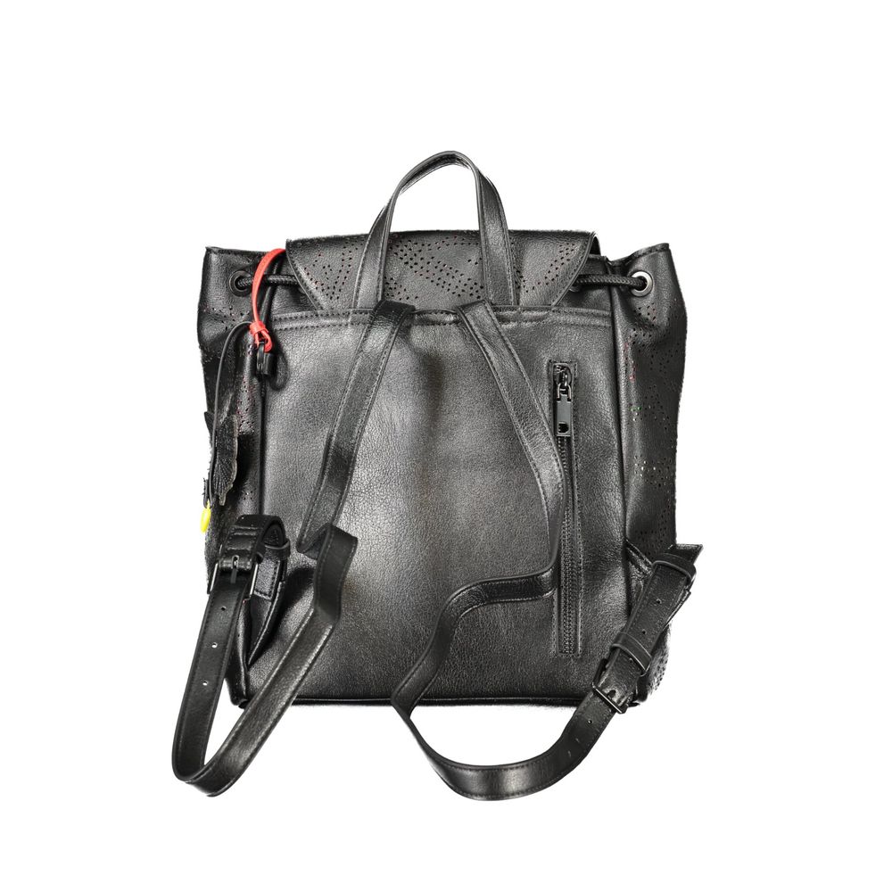 Desigual black polyurethane women's mini backpack with adjustable straps and front zip pocket, stylish and compact for daily use.