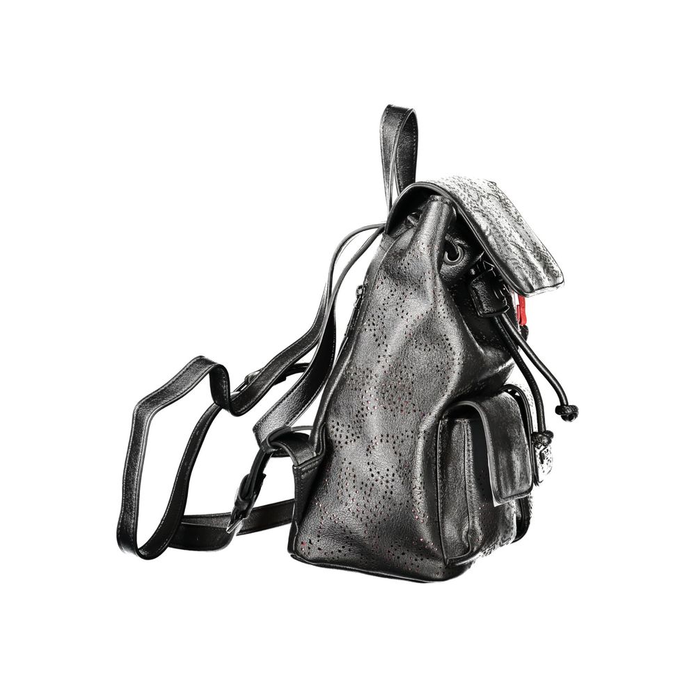 Desigual black polyurethane mini backpack with adjustable straps and top handle, featuring a stylish, compact design for women.