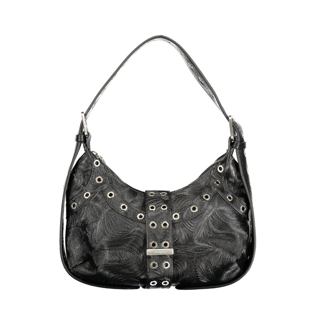 Desigual black polyurethane mini bag for women with sleek design and compact size, ideal for everyday use.