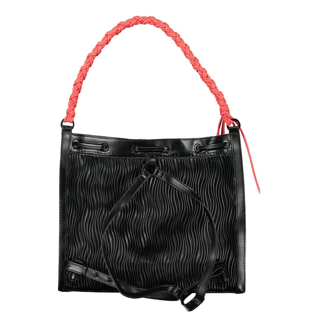 Black Desigual polyurethane women’s backpack with adjustable straps and front zipper pocket, stylish and functional for everyday use.