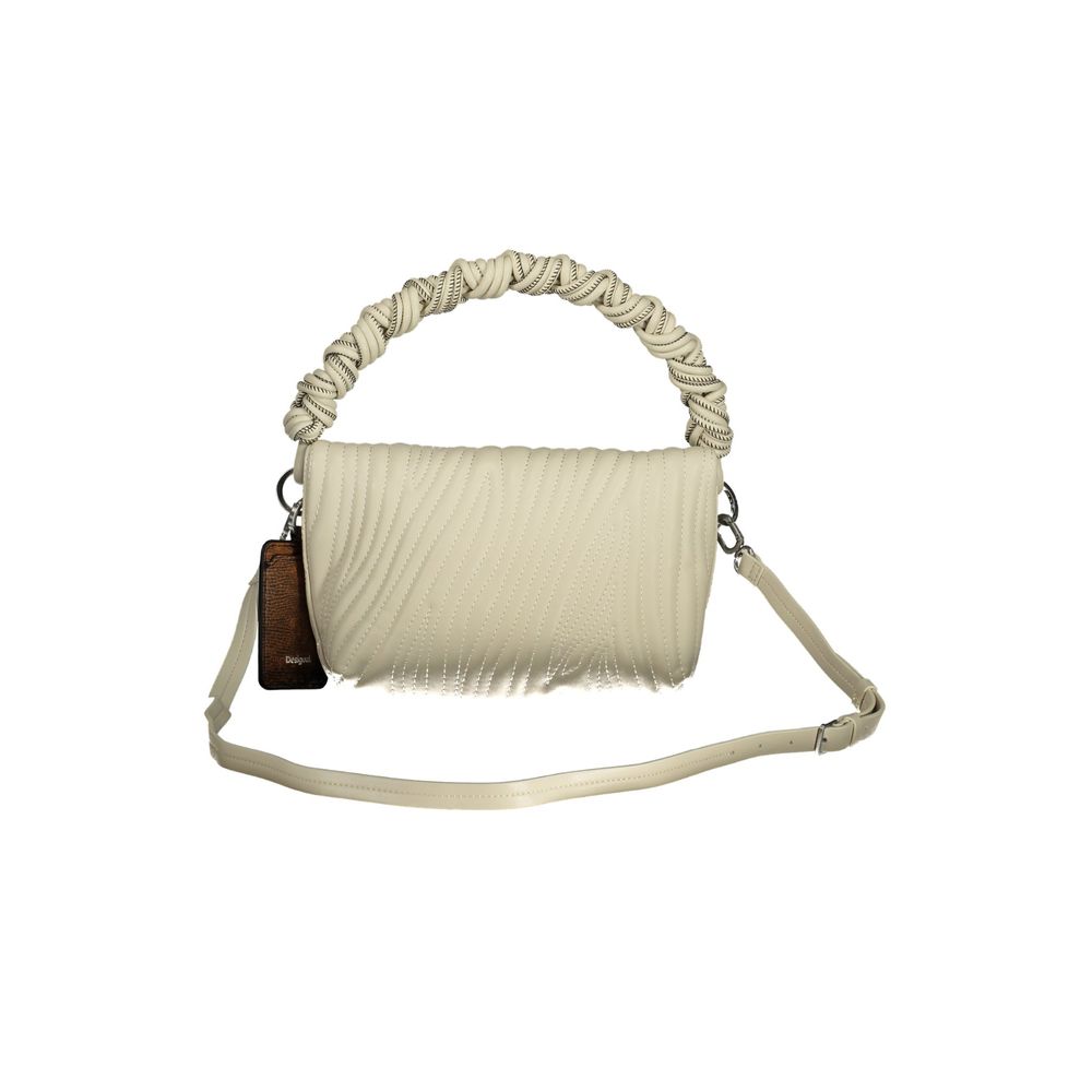 Desigual ecru women's handbag made of polyurethane with textured design and silver-tone hardware, stylish and versatile accessory.