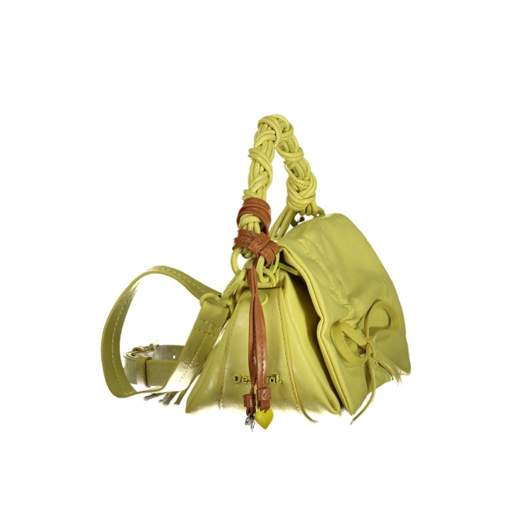 Desigual Giallo women's polyurethane handbag with colorful pattern and gold-tone hardware, featuring a top handle and adjustable shoulder strap.