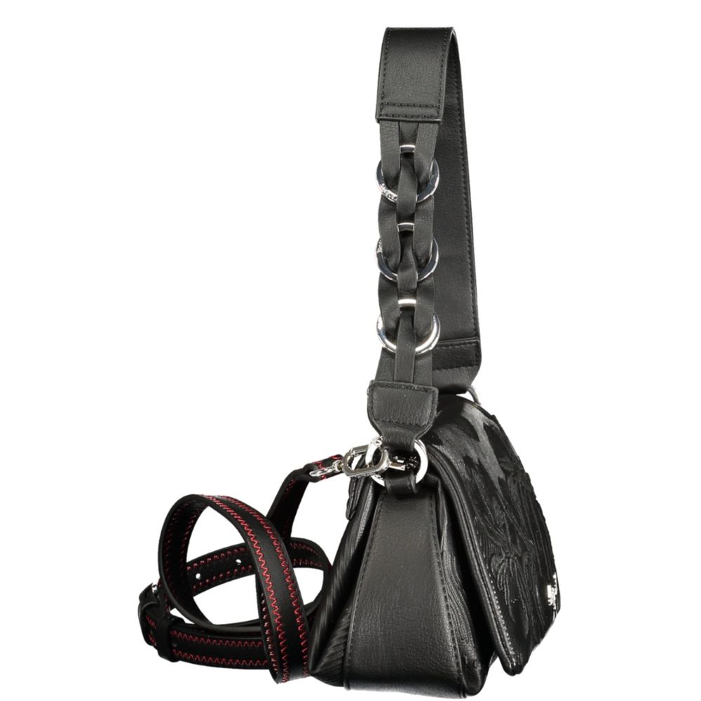 Black Desigual women's polyurethane bag with stylish design and adjustable strap, featuring textured surface and modern aesthetic.