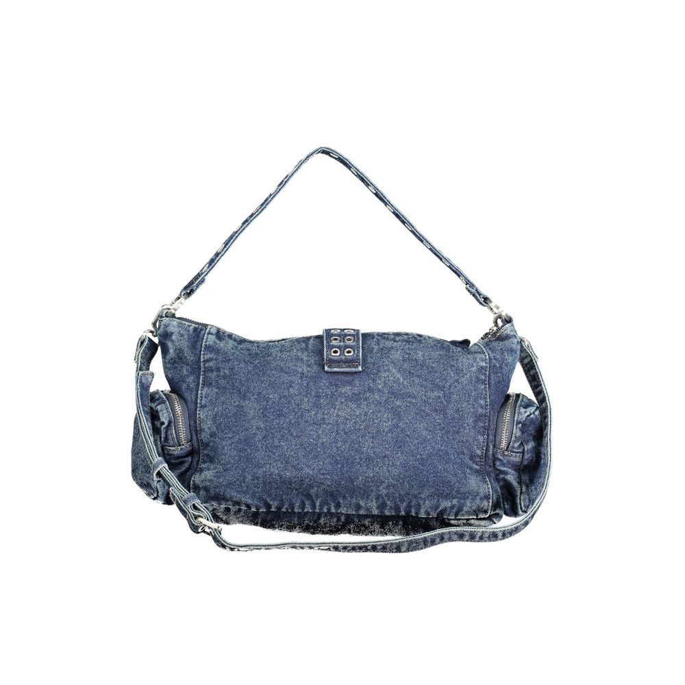 Desigual blue cotton women's bag with colorful patchwork design and adjustable strap, casual and stylish accessory.