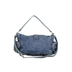 Desigual blue cotton women's bag with colorful patchwork design and adjustable strap, casual and stylish accessory.