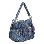 Desigual blue cotton women's bag with colorful patchwork design and adjustable shoulder strap.