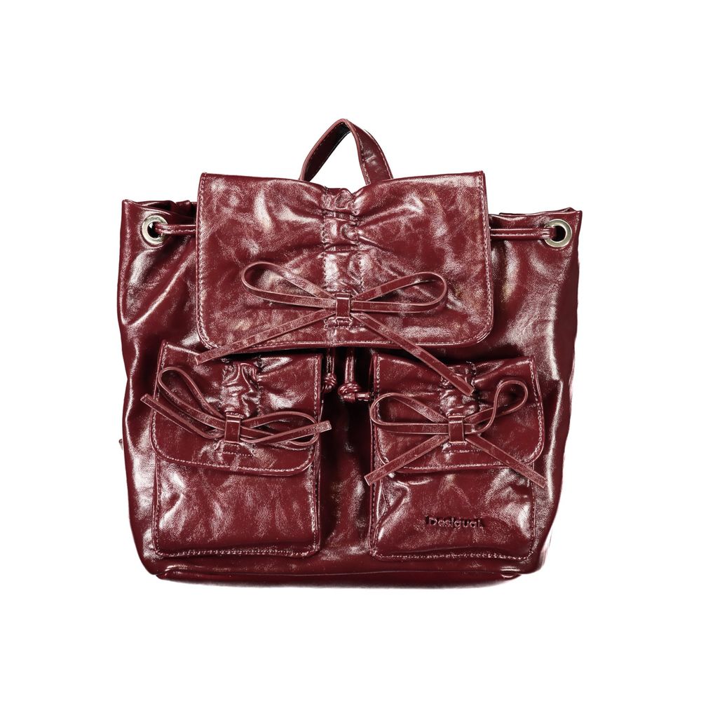 Desigual burgundy polyurethane women's backpack with adjustable straps and front zipper pocket, stylish and functional.