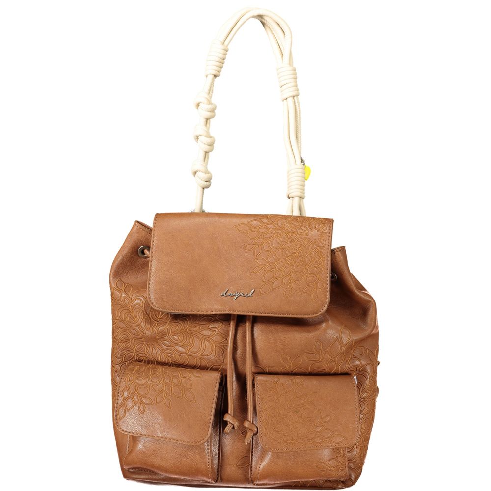 Desigual brown polyurethane women's backpack with stylish design and adjustable straps, perfect for everyday use.
