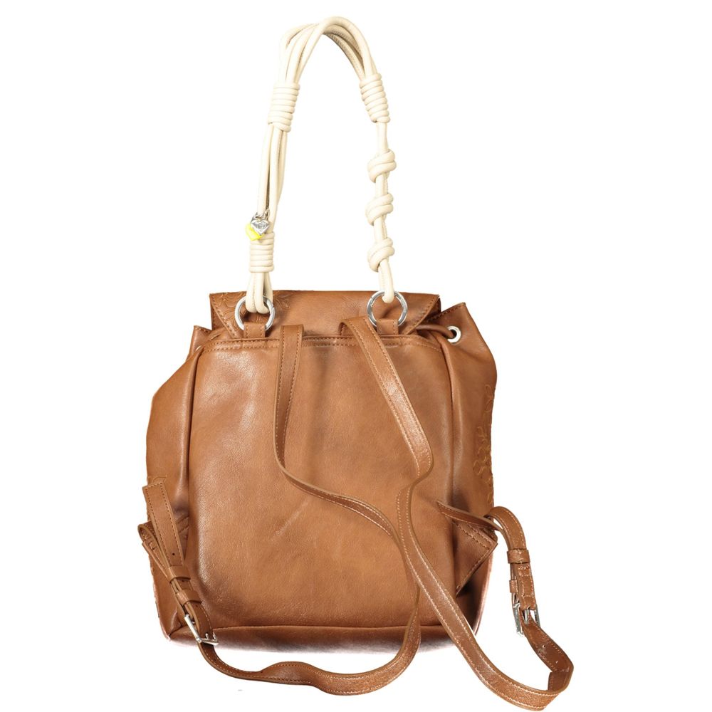 Desigual brown polyurethane women's backpack with adjustable straps and multiple compartments, stylish and functional for everyday use.