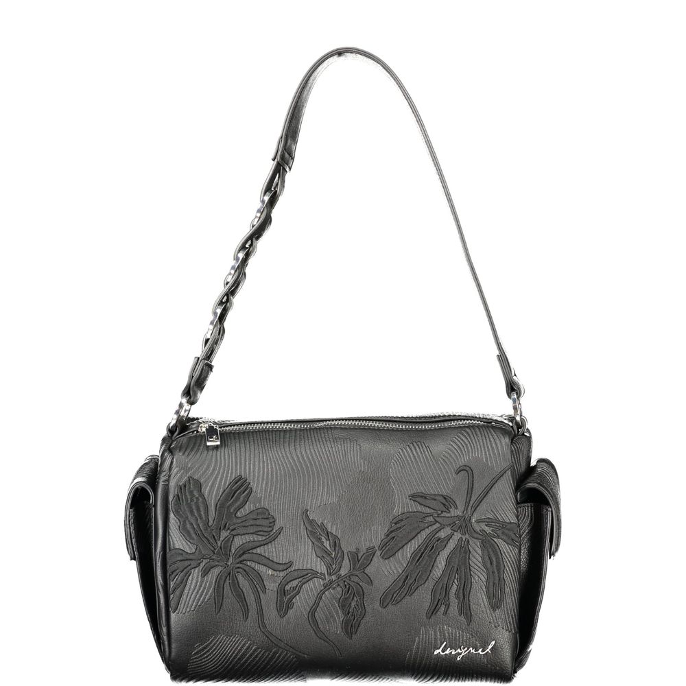 Desigual black polyurethane women's handbag with textured design and silver hardware, stylish accessory for everyday use.