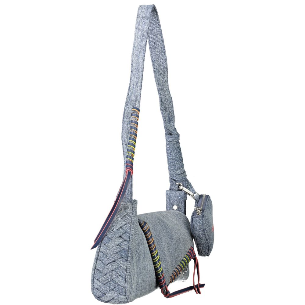 Desigual Azzurro cotton women’s shoulder bag with colorful geometric patterns and adjustable strap.