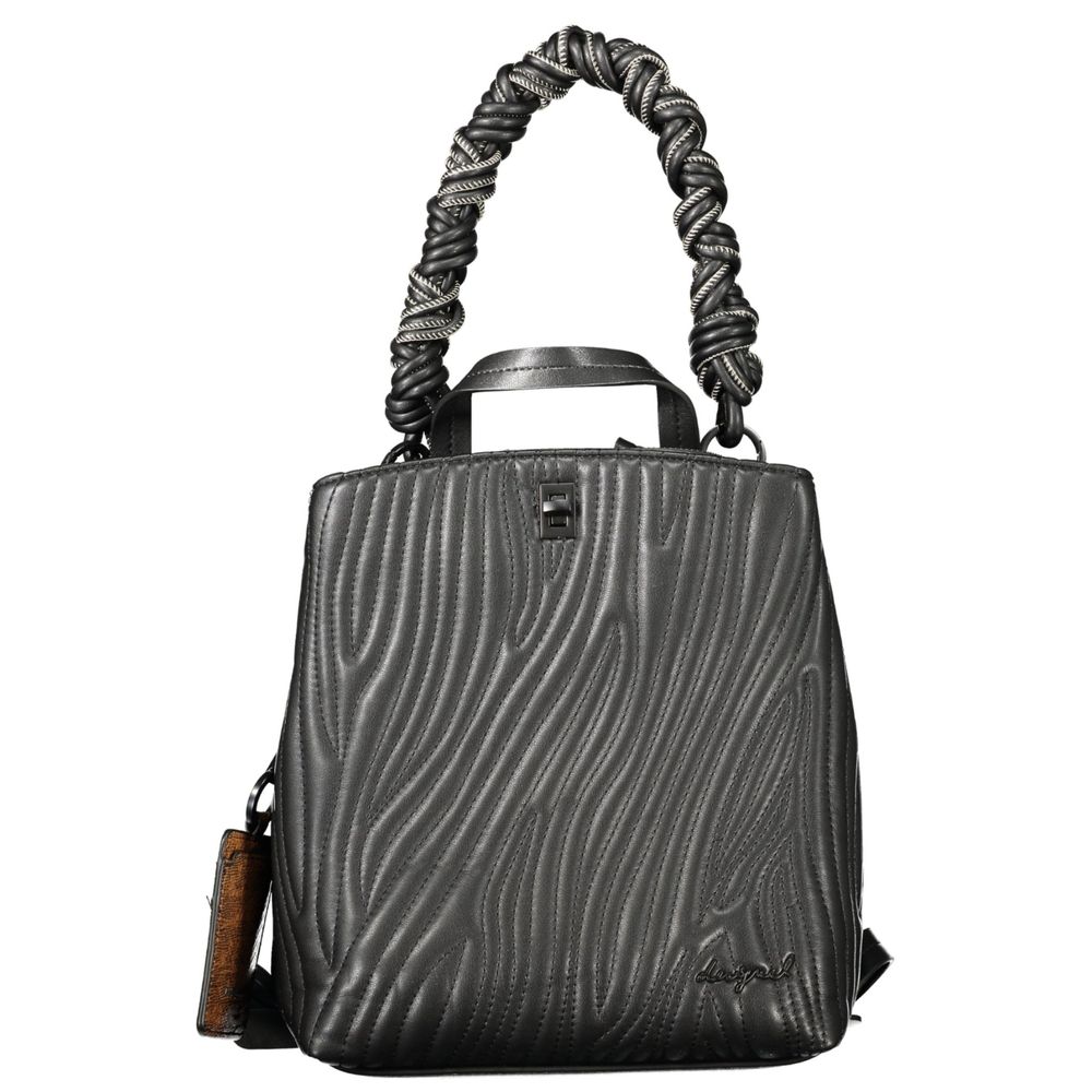 Desigual black polyurethane mini backpack with adjustable straps and front zipper pocket, stylish accessory for women.