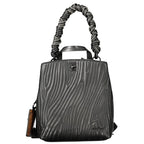 Desigual black polyurethane mini backpack with adjustable straps and front zipper pocket, stylish accessory for women.