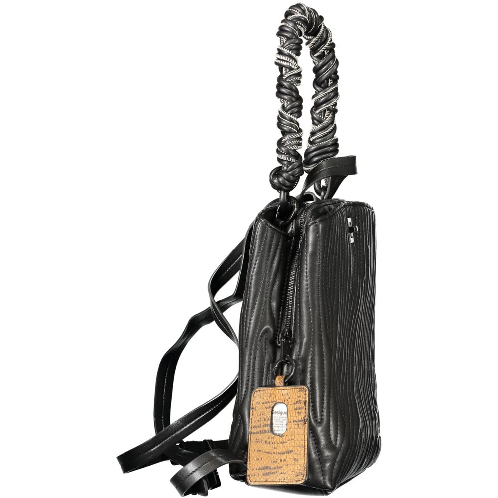 Black Desigual mini backpack made of polyurethane, featuring a compact design with adjustable straps and stylish details.