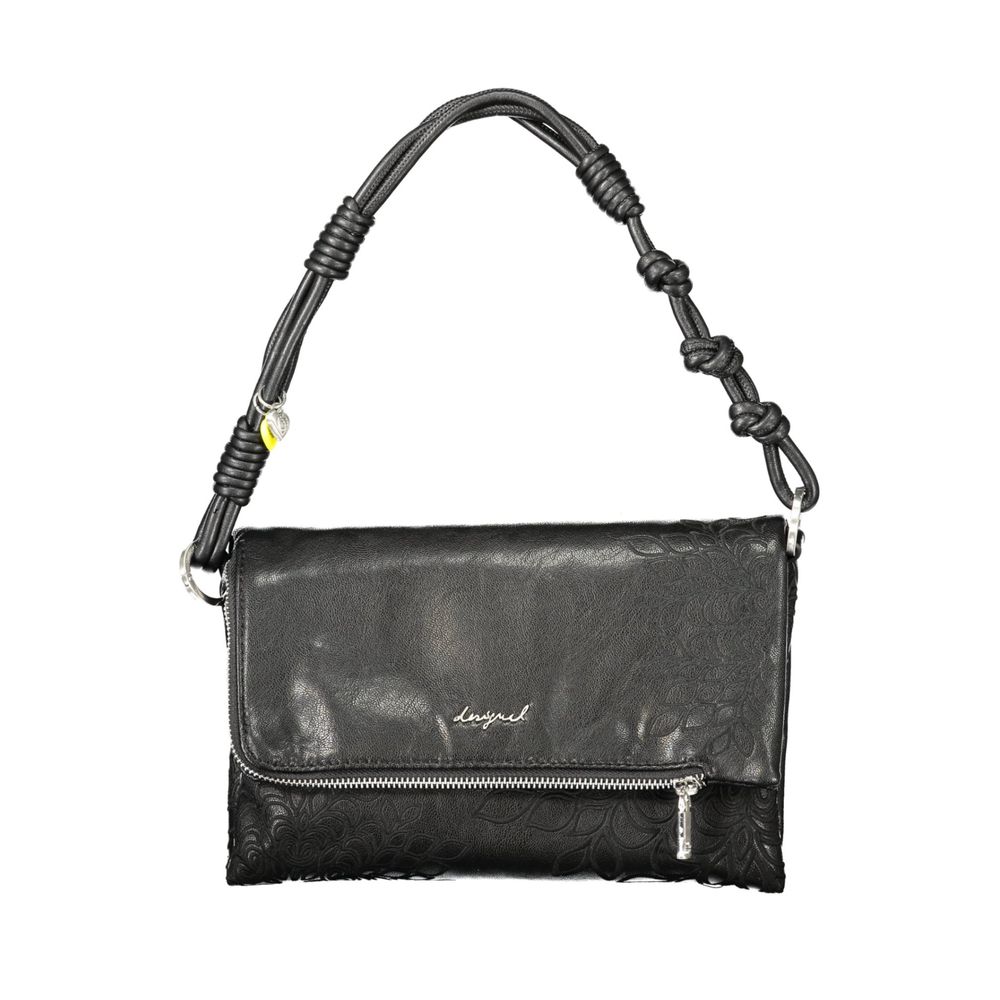 Desigual black polyurethane women's handbag with textured design, top handles, and zipper closure.