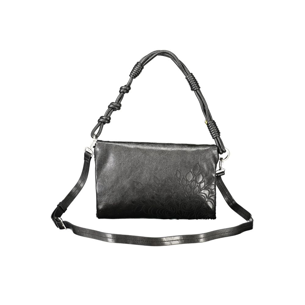 Desigual black polyurethane women's handbag with textured design, top handles, and silver-tone hardware.