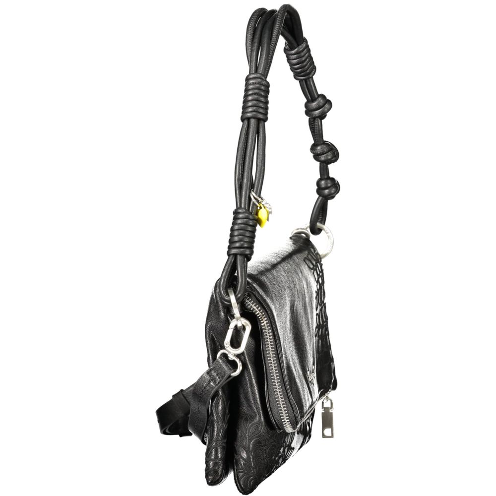 Desigual black polyurethane women's handbag with stylish design and gold-tone hardware, showing textured surface and top handle.