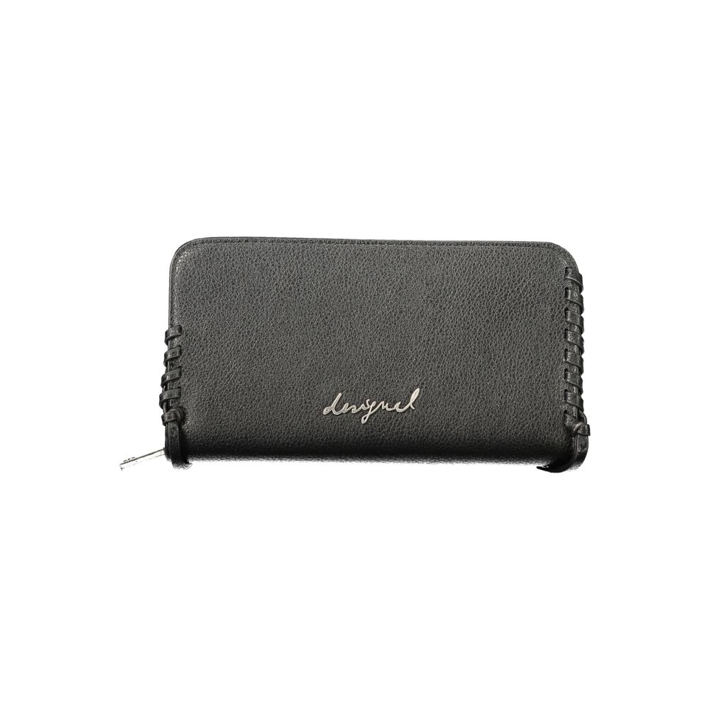 Black Desigual women's wallet made of polyurethane with a sleek design and visible zipper closure.