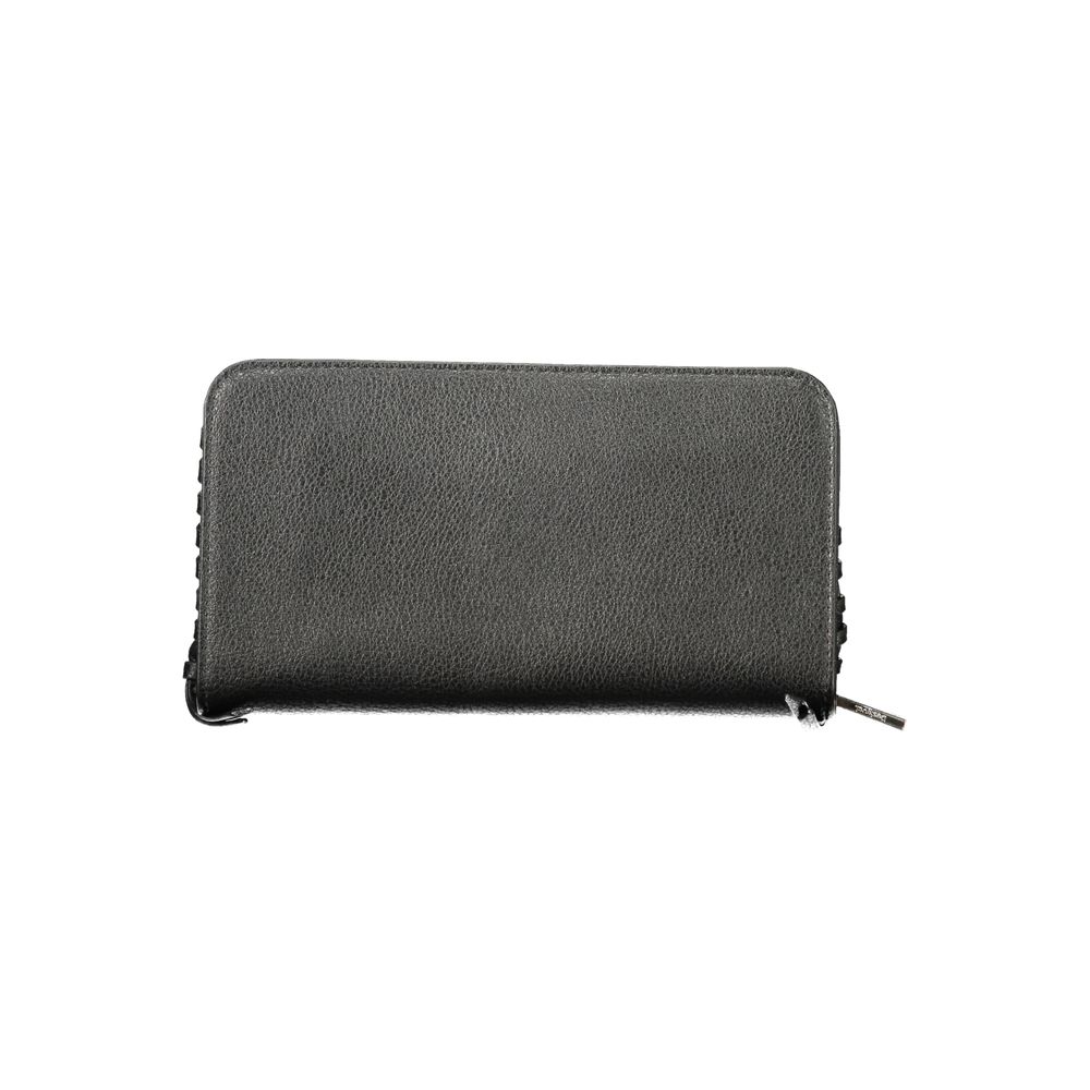 Black Desigual women's wallet made of polyurethane with a textured surface and multiple card slots, featuring a stylish design.