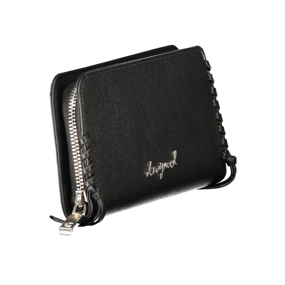 Desigual black polyurethane women's wallet with multiple card slots and a sleek, minimalist design.