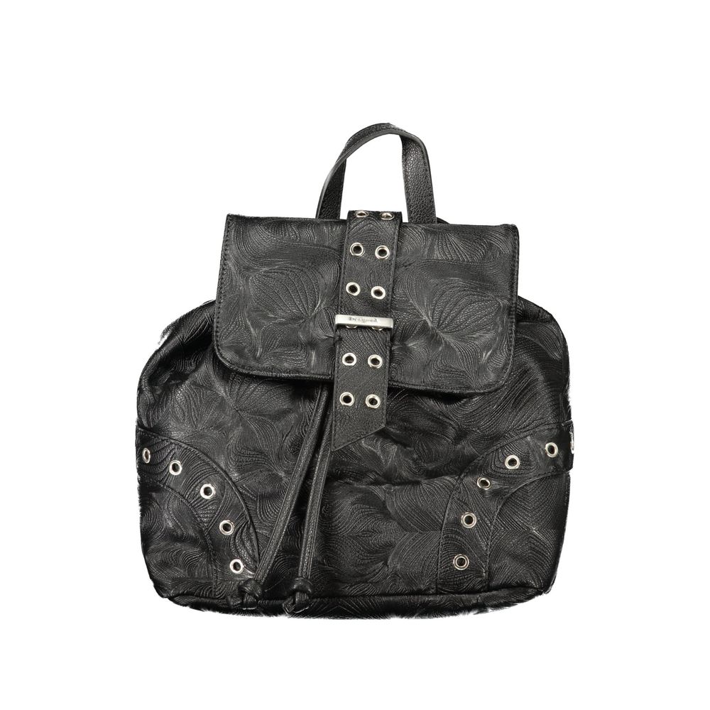 Black Desigual polyurethane women’s backpack with adjustable straps and zipper compartments, stylish and functional for everyday use.