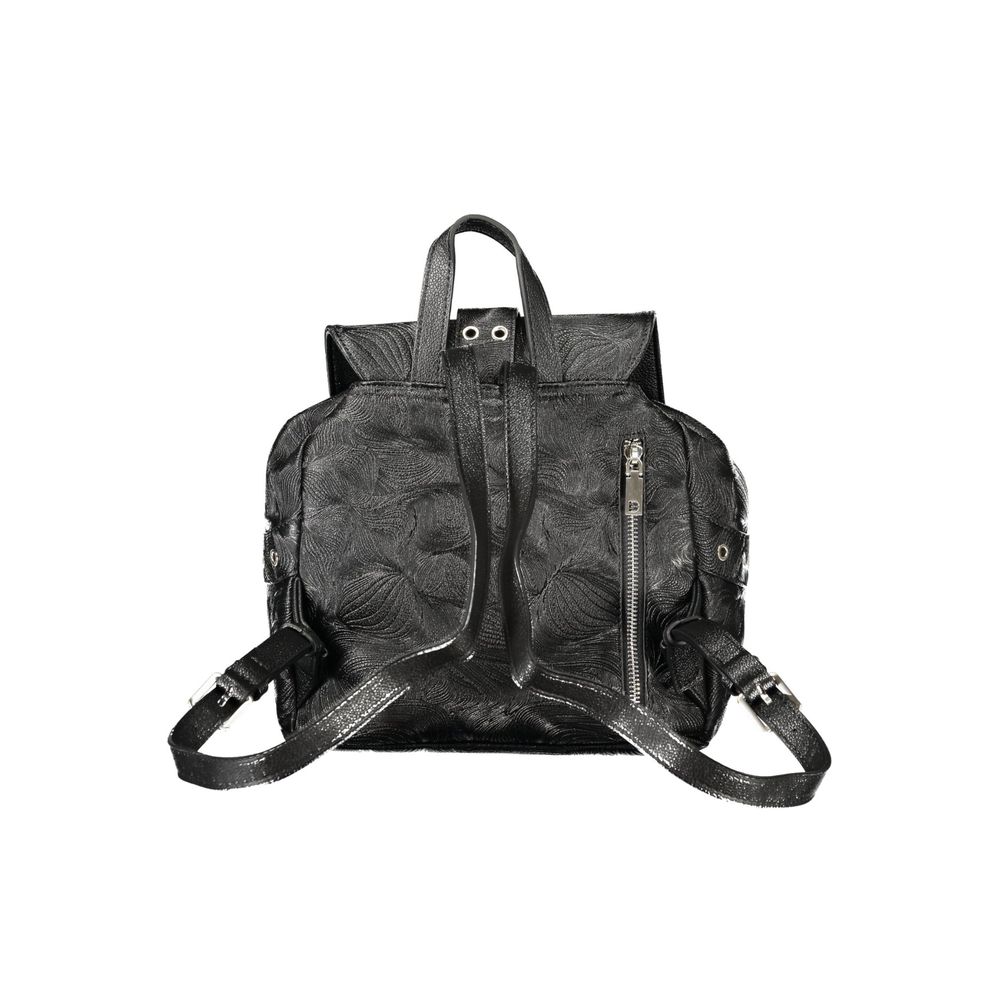 Desigual black polyurethane women's backpack with adjustable straps and front zipper pocket, stylish and functional for everyday use.