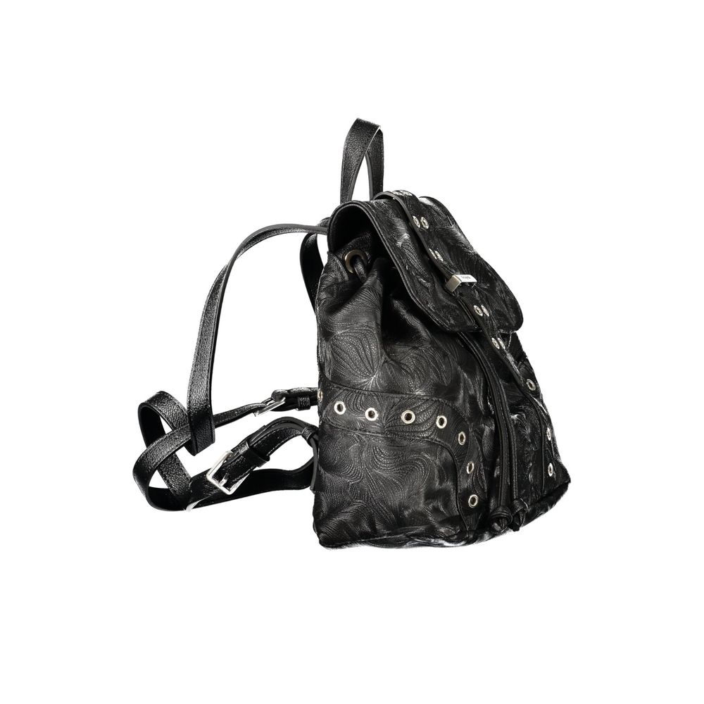 Black Desigual polyurethane women’s backpack with adjustable straps and front zipper pocket, stylish and functional for everyday use.