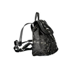 Black Desigual polyurethane women’s backpack with adjustable straps and front zipper pocket, stylish and functional for everyday use.
