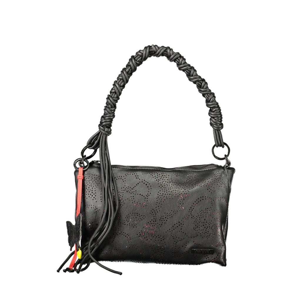 Desigual black polyurethane women's handbag with top handles and silver hardware, stylish and functional accessory.