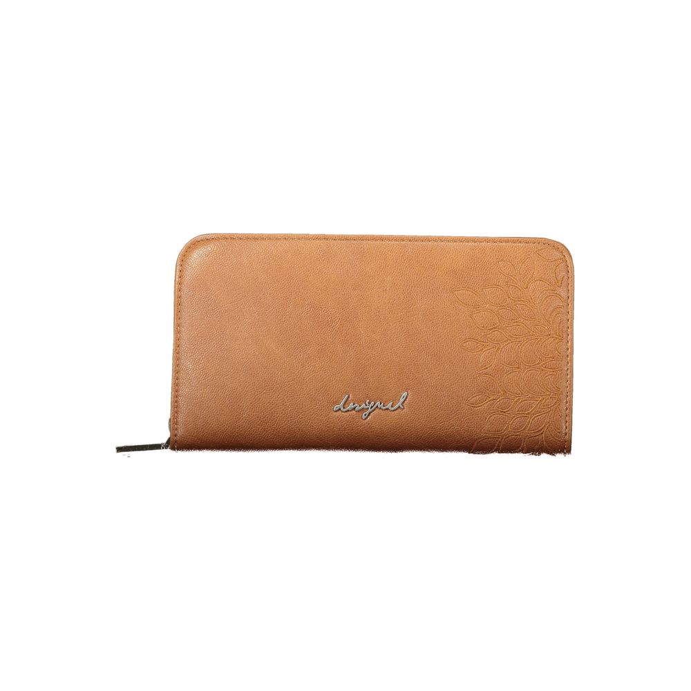 Desigual brown polyurethane women’s wallet with colorful patterns and multiple card slots, stylish and functional accessory.