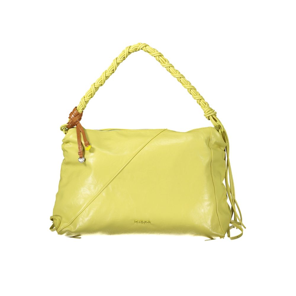 Desigual Giallo polyurethane women's handbag with colorful geometric design and gold-tone hardware on a plain background.