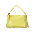 Desigual Giallo polyurethane women's handbag with colorful geometric design and gold-tone hardware on a plain background.