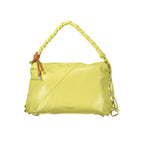 Desigual Giallo polyurethane women's handbag with colorful geometric design and gold-tone hardware on a plain background.