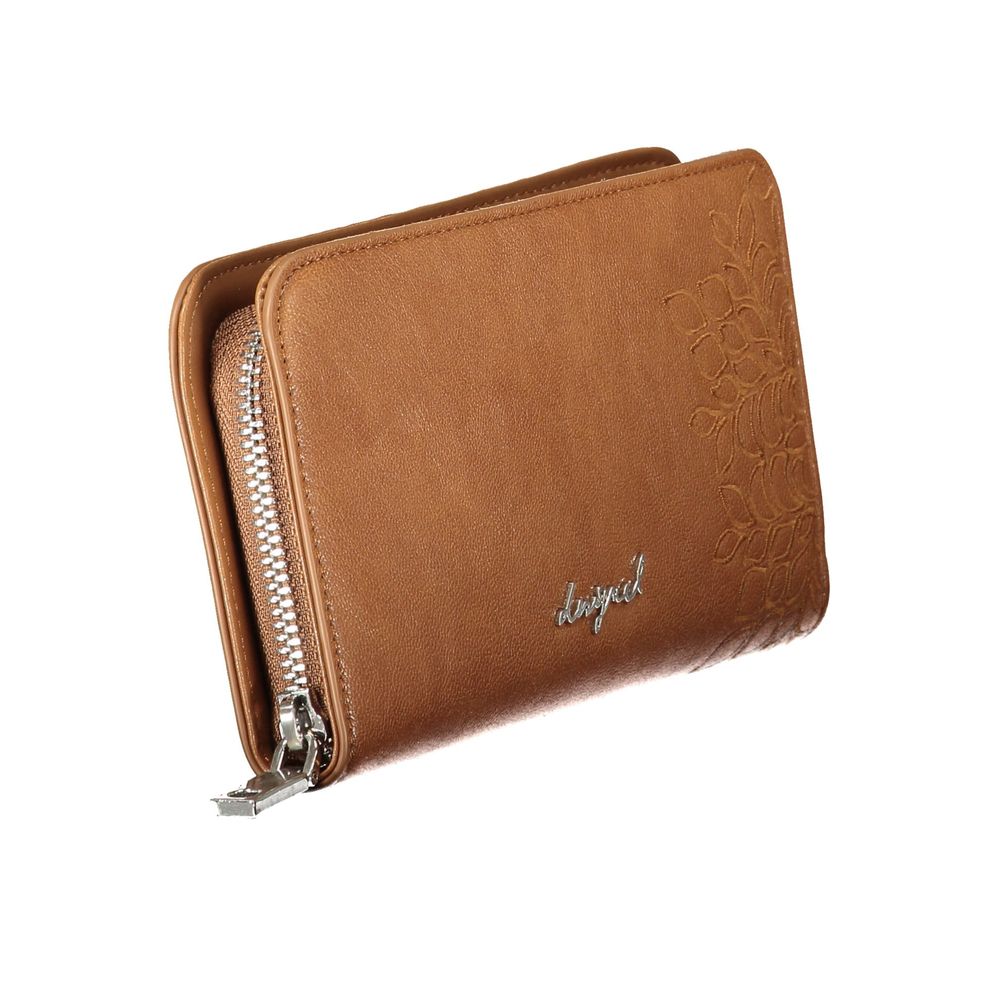 Desigual brown polyurethane women's wallet with multiple card slots and a zip-around closure, stylish and functional accessory.