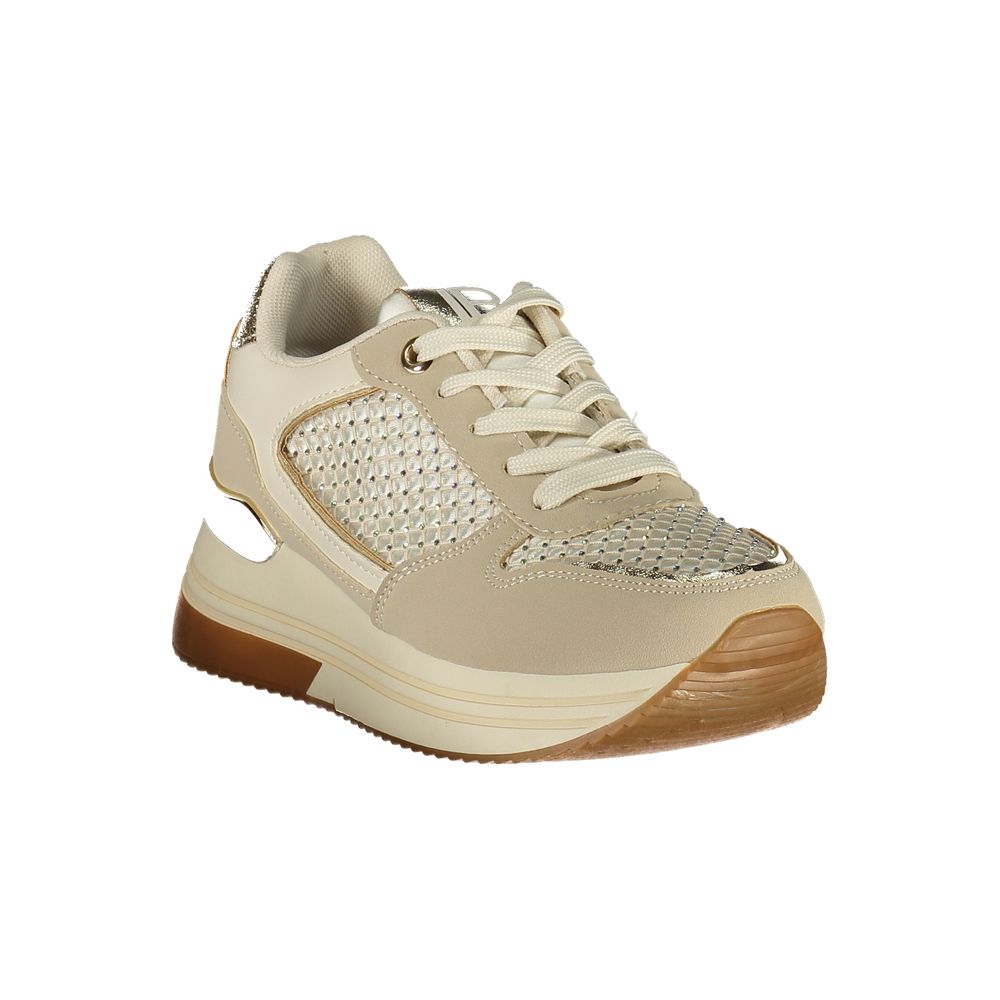 Beige Laura Biagiotti women's polyurethane sneakers with white soles, casual athletic footwear for comfortable style.