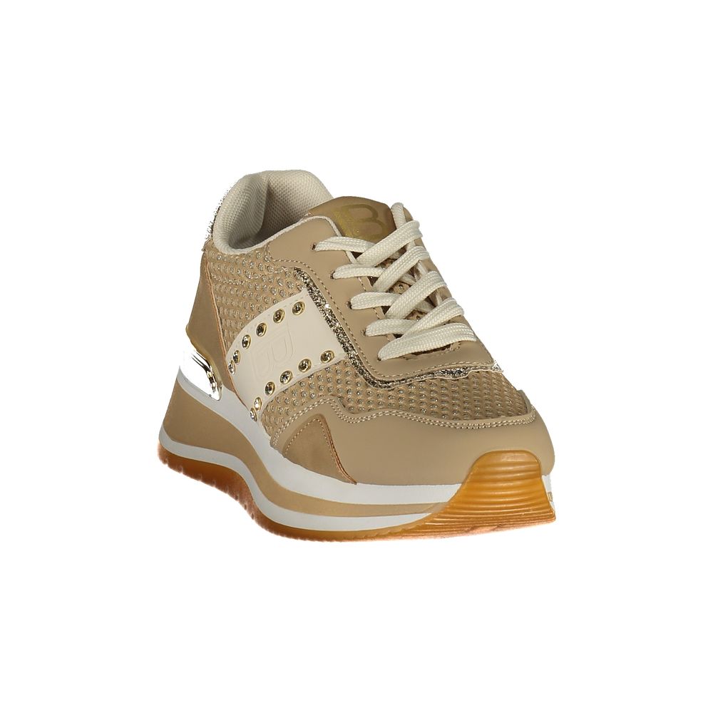 Beige Laura Biagiotti polyurethane women's sneakers with white soles and casual slip-on design.