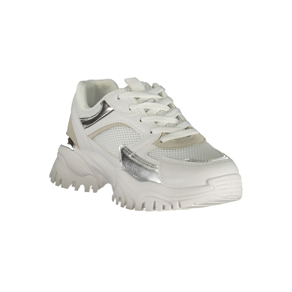 White Laura Biagiotti polyurethane women’s sneaker with sleek design and comfortable fit, featuring white laces and stylish details.