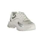 White Laura Biagiotti polyurethane women’s sneaker with sleek design and comfortable fit, featuring white laces and stylish details.