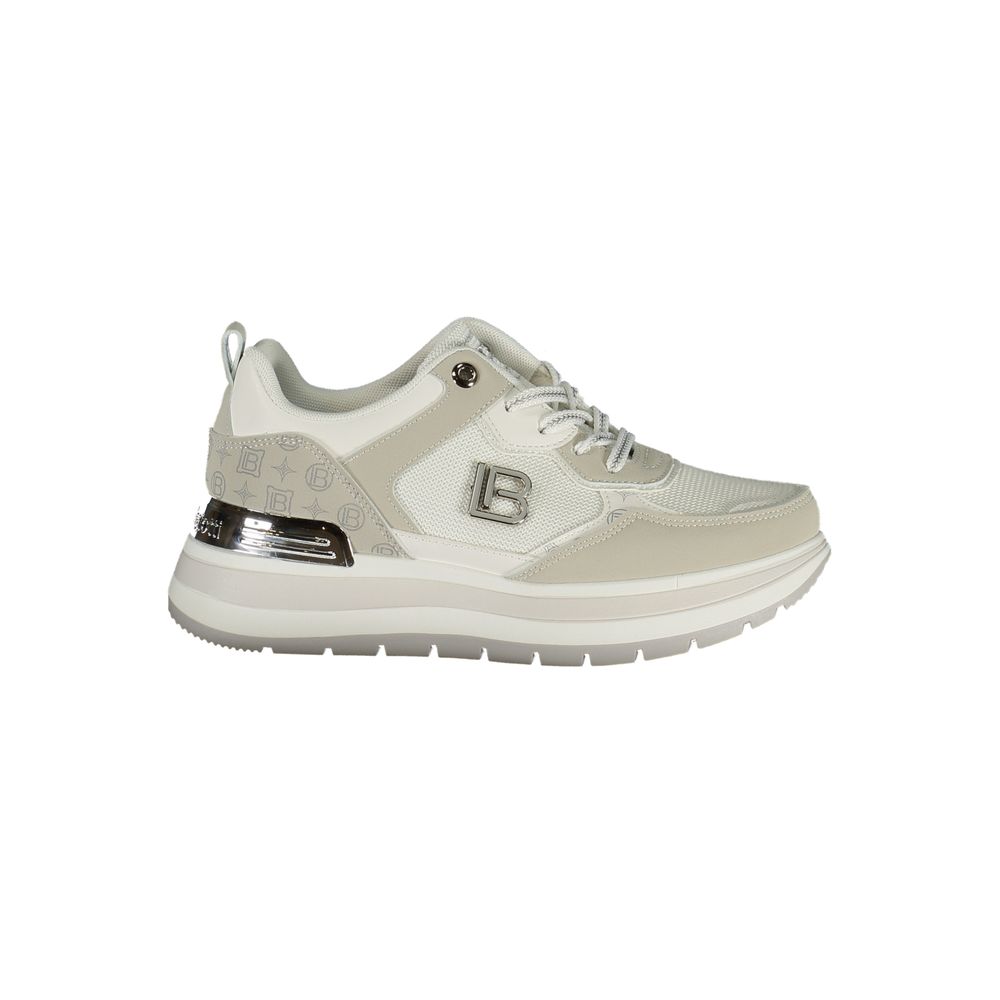 White Laura Biagiotti women's sneaker made of polyurethane, featuring a sleek design with laces and a comfortable sole.