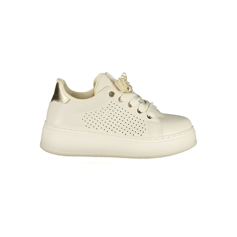 Laura Biagiotti Bianco Polyurethane women's sneaker with white design and casual sporty style, front view showing laces and sleek look.