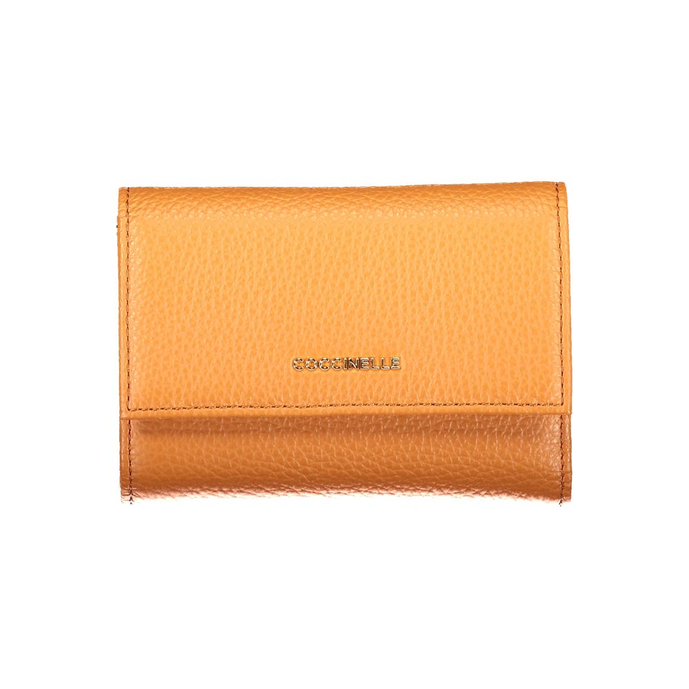 Orange Coccinelle women's leather wallet with multiple card slots and a sleek, compact design.