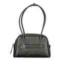 Black Coccinelle leather women's handbag with sleek design and silver hardware, featuring top handles and spacious interior.