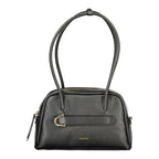 Black Coccinelle leather women's handbag with sleek design and silver hardware, featuring top handles and spacious interior.