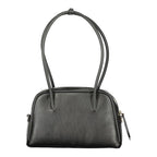 Black Coccinelle leather women’s handbag with sleek design and silver hardware, featuring a structured shape and top handles.