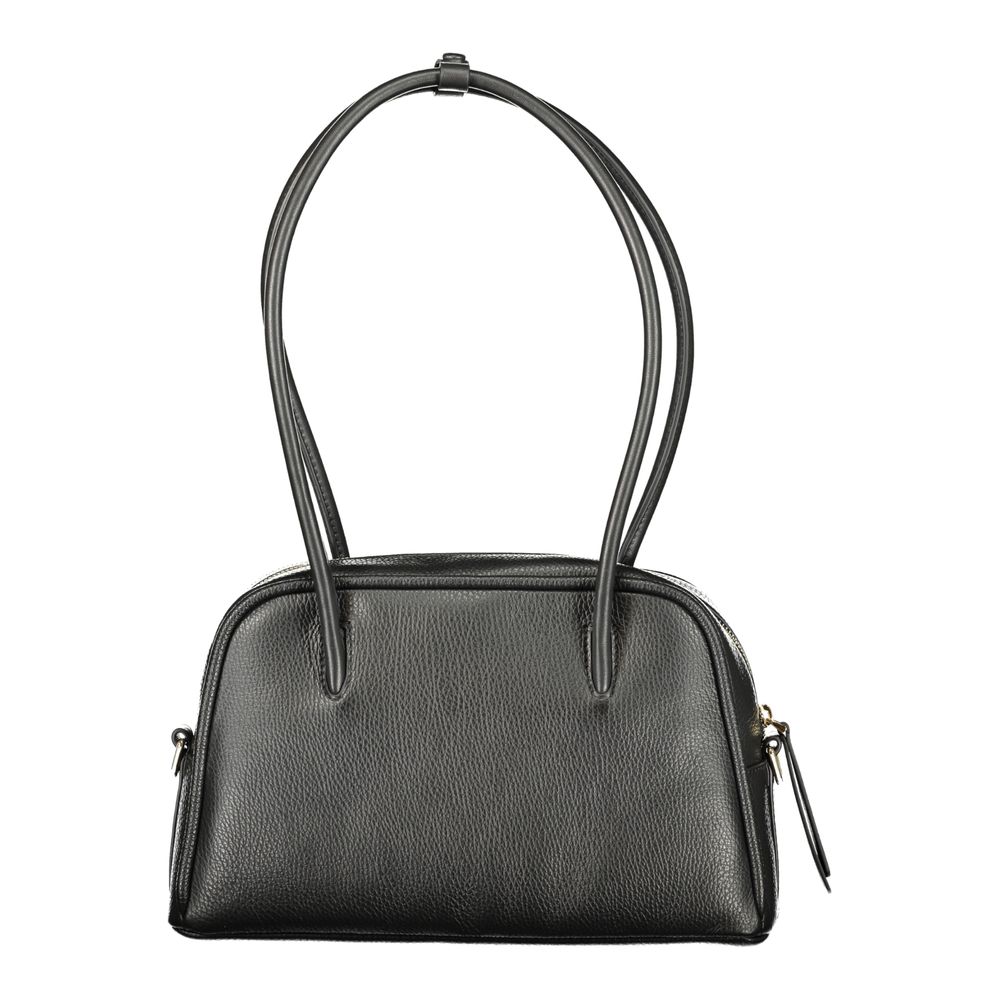 Black Coccinelle leather women’s handbag with sleek design and silver hardware, featuring a structured shape and top handles.