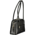 Black Coccinelle leather women’s handbag with sleek design and gold-tone hardware, featuring top handles and a spacious interior.