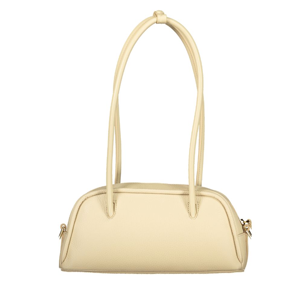 Coccinelle beige leather women's handbag with gold-tone hardware and sleek design, featuring top handles and a spacious interior.