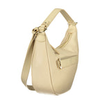 Beige leather Coccinelle women's handbag with gold-tone hardware and structured design, featuring top handles and subtle stitching.